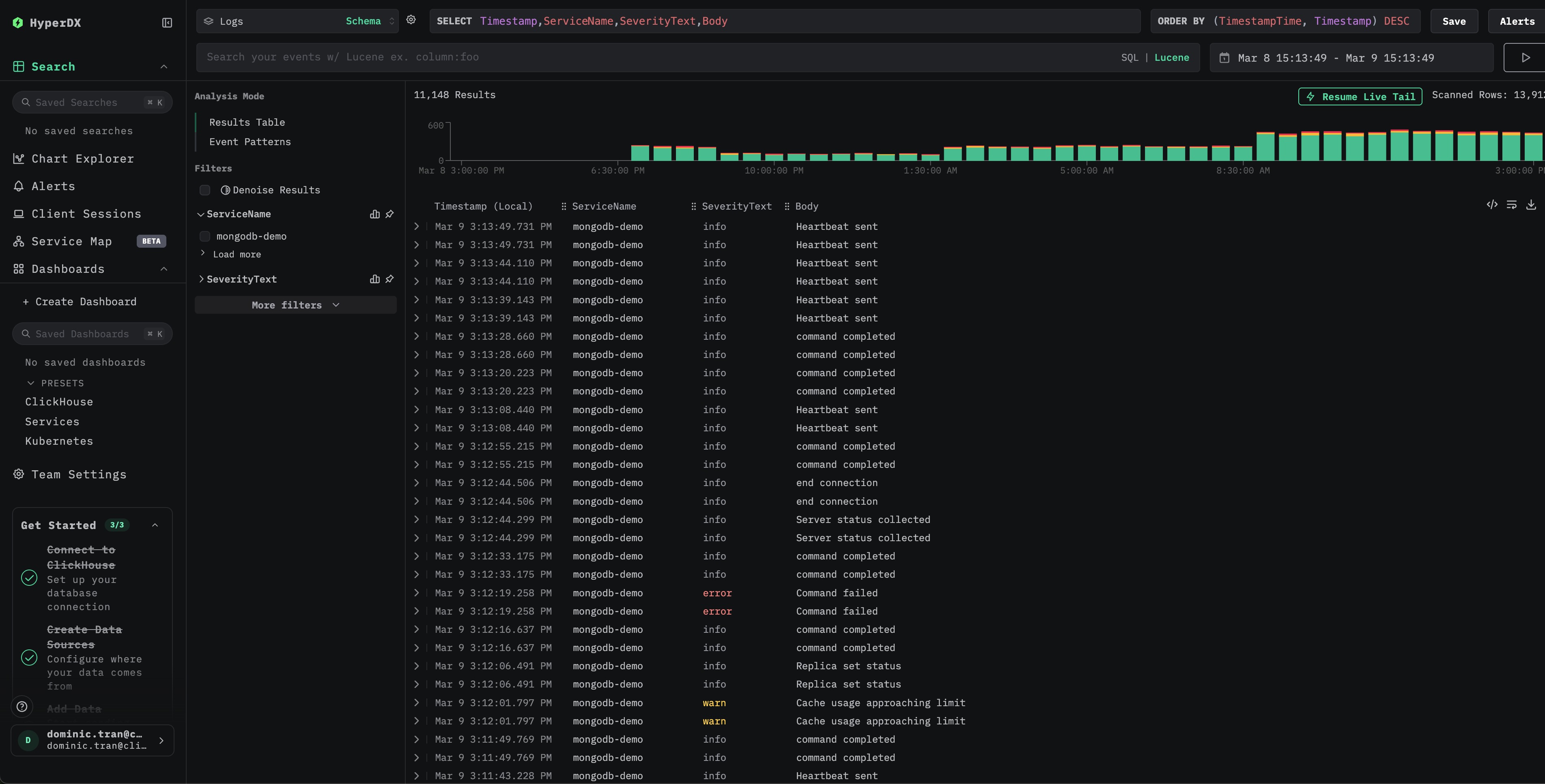 Представление поиска логов MongoDB